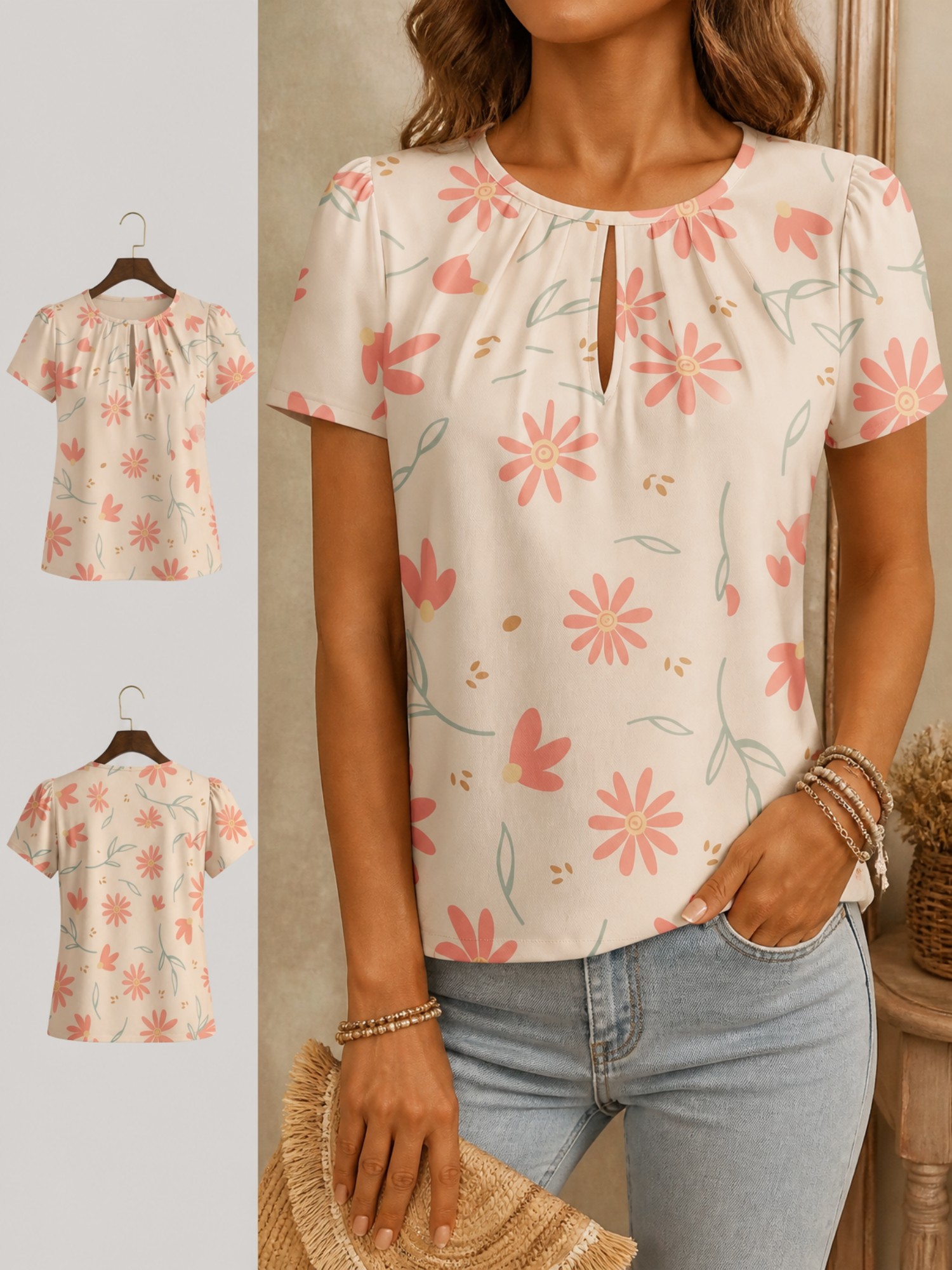 Resort Shirt Floral - Camiseta Elegante de Cuello Redondo para