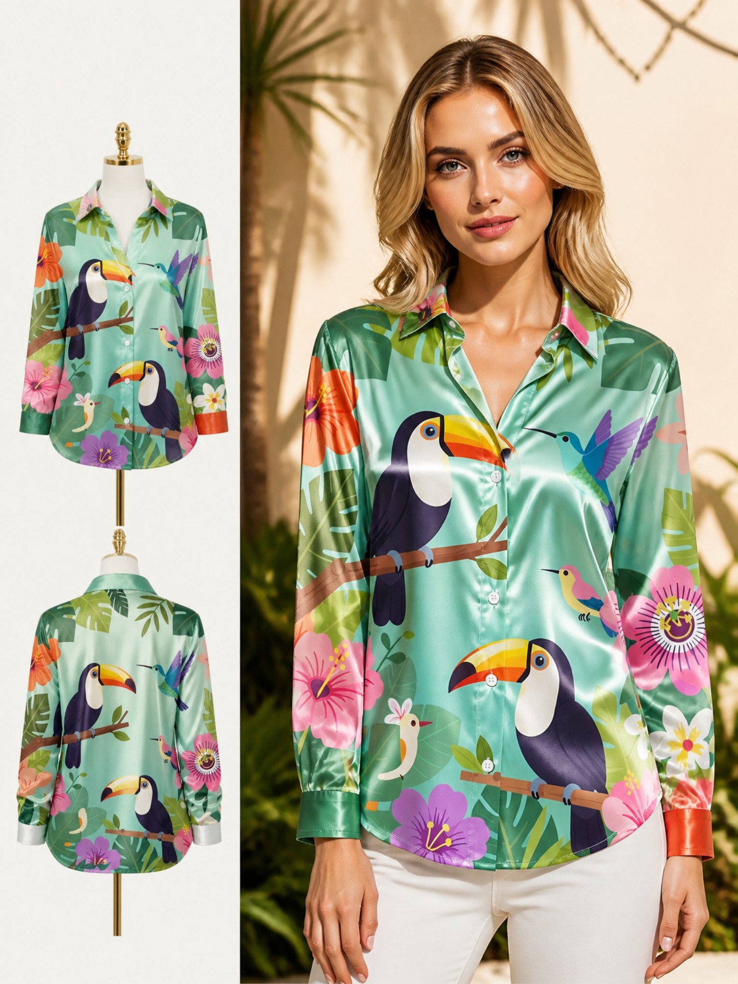 Resort Shirt Floral - Camisa de Satén con Botones y