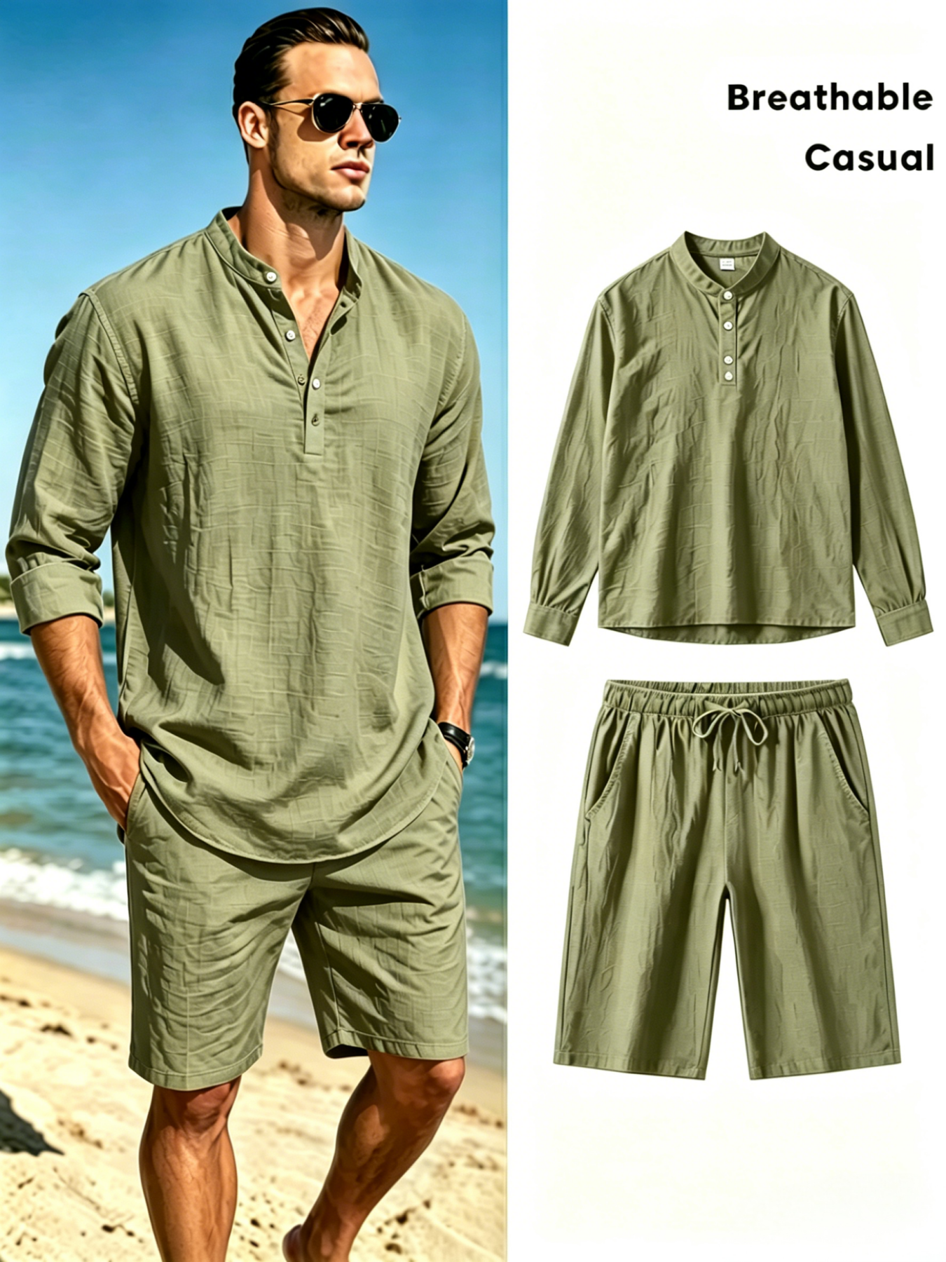 Linen Shirt Breathable - Conjunto de Camisa Henley y Pantalones