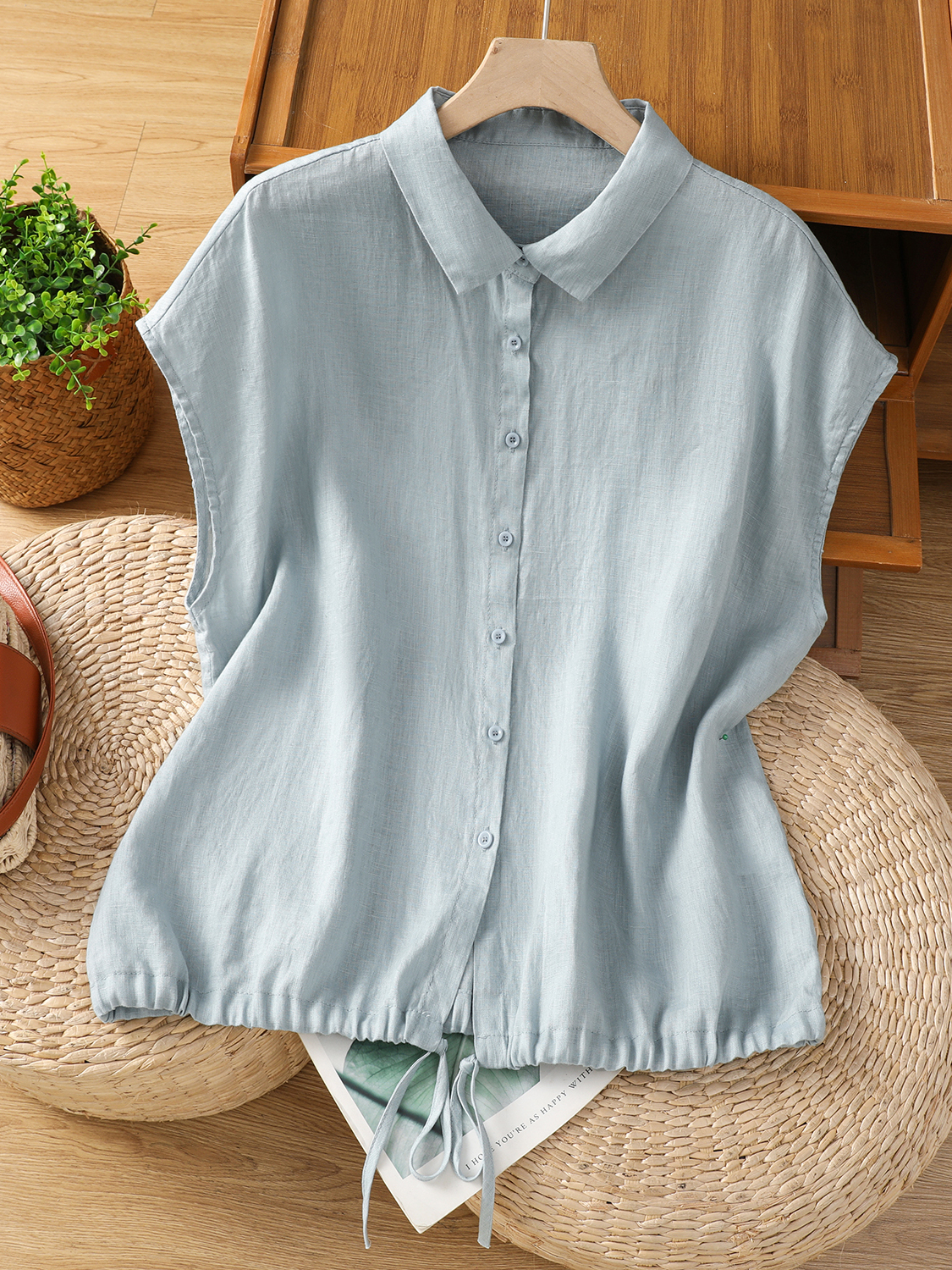 Short Linen Drawstring - Camisa informal de algodón y lino