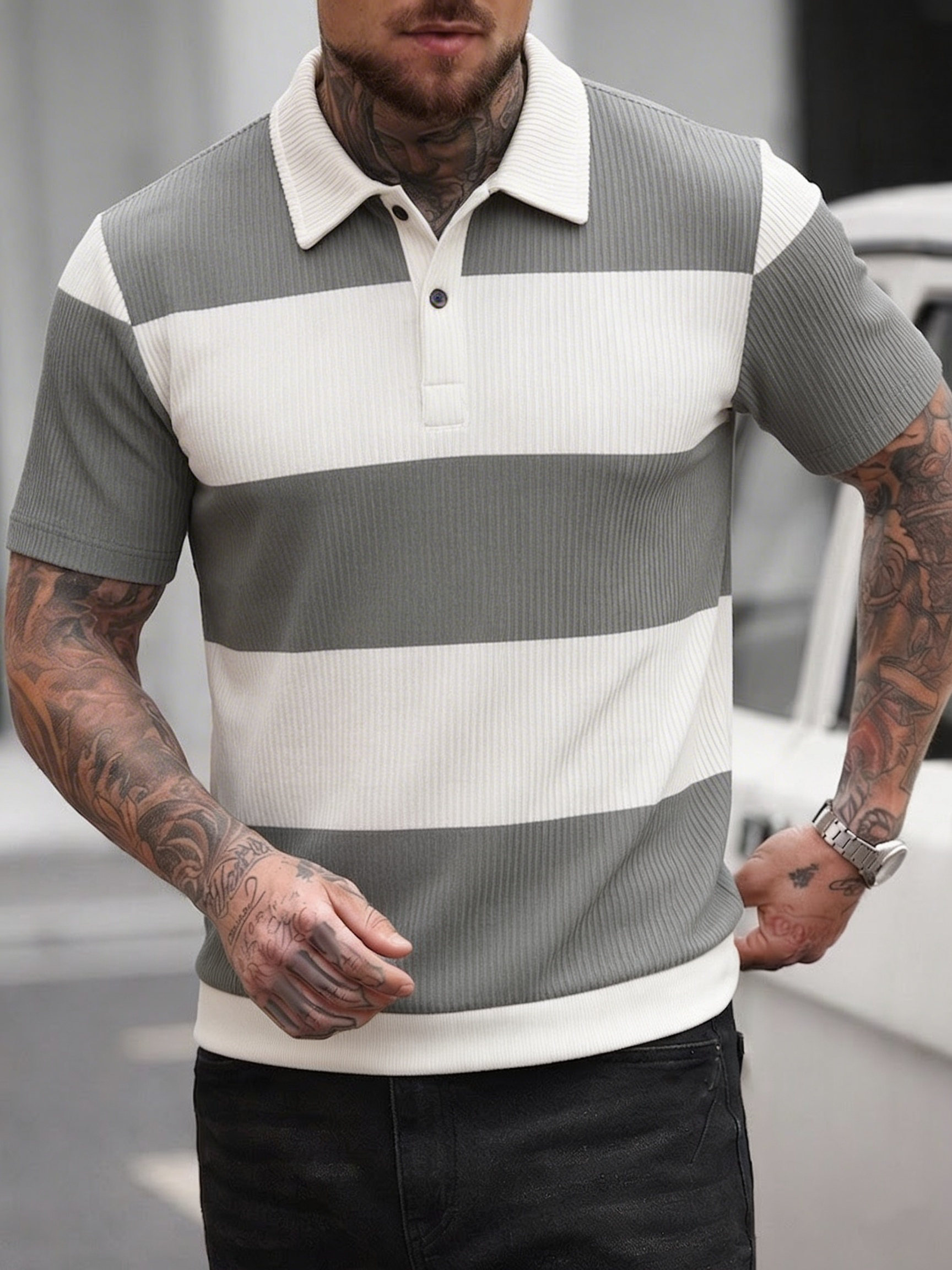 Polo de piqué a rayas gris y b - Polo Shirt Pique reseña y precio