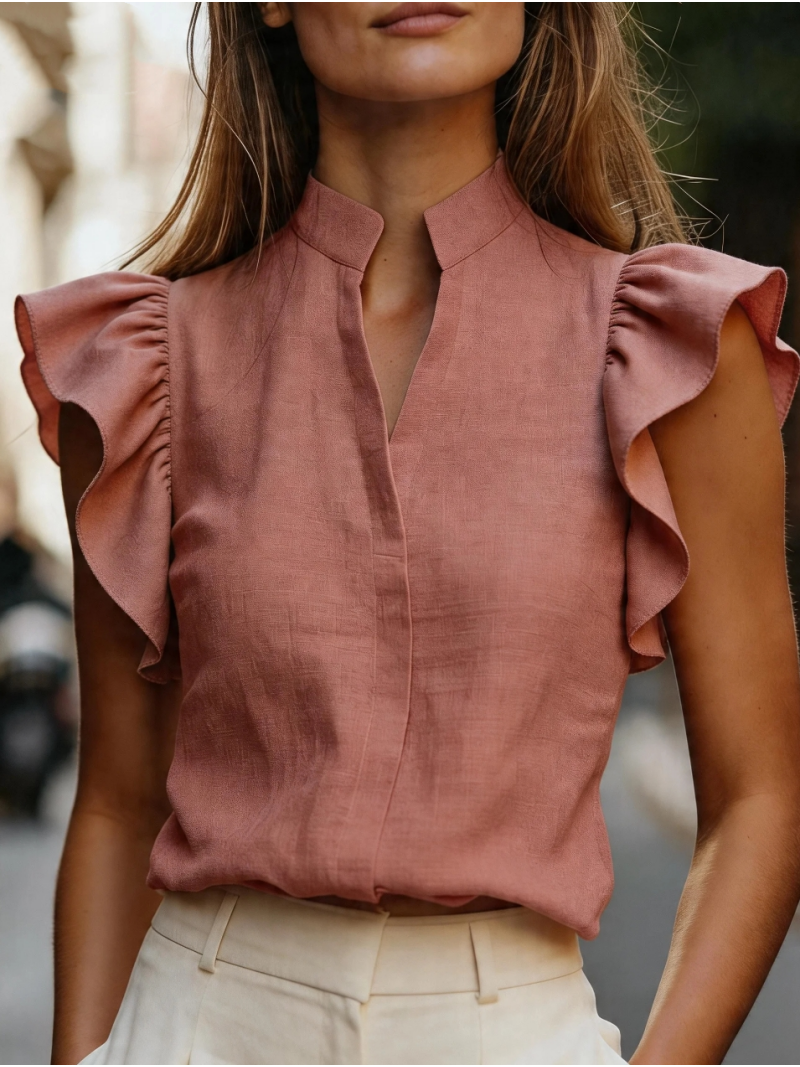 Blusa sin mangas con volantes  - Shirt Camp Collar reseña y precio
