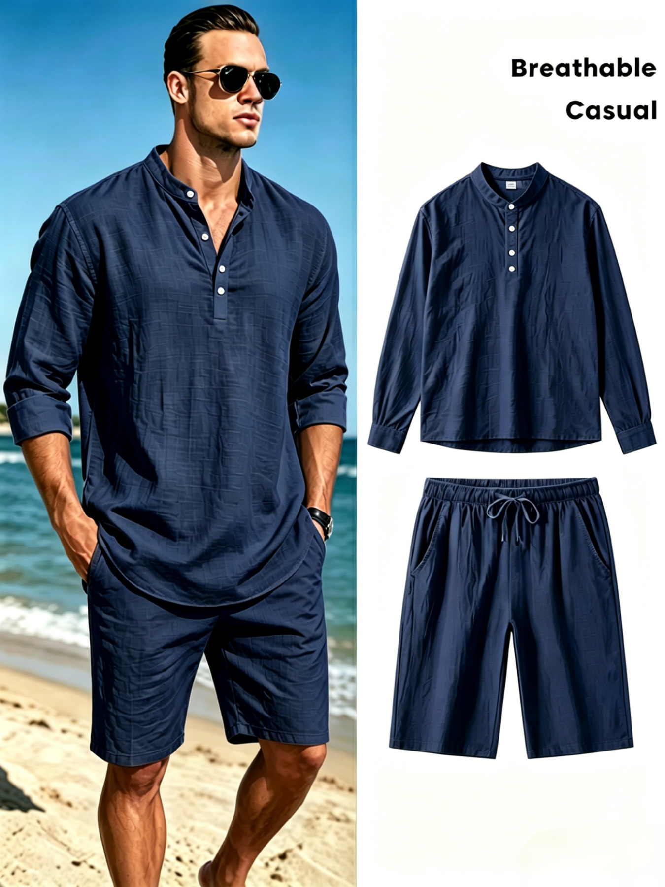 Conjunto de Camisa Henley y Pa - Linen Shirt Breathable reseña y precio
