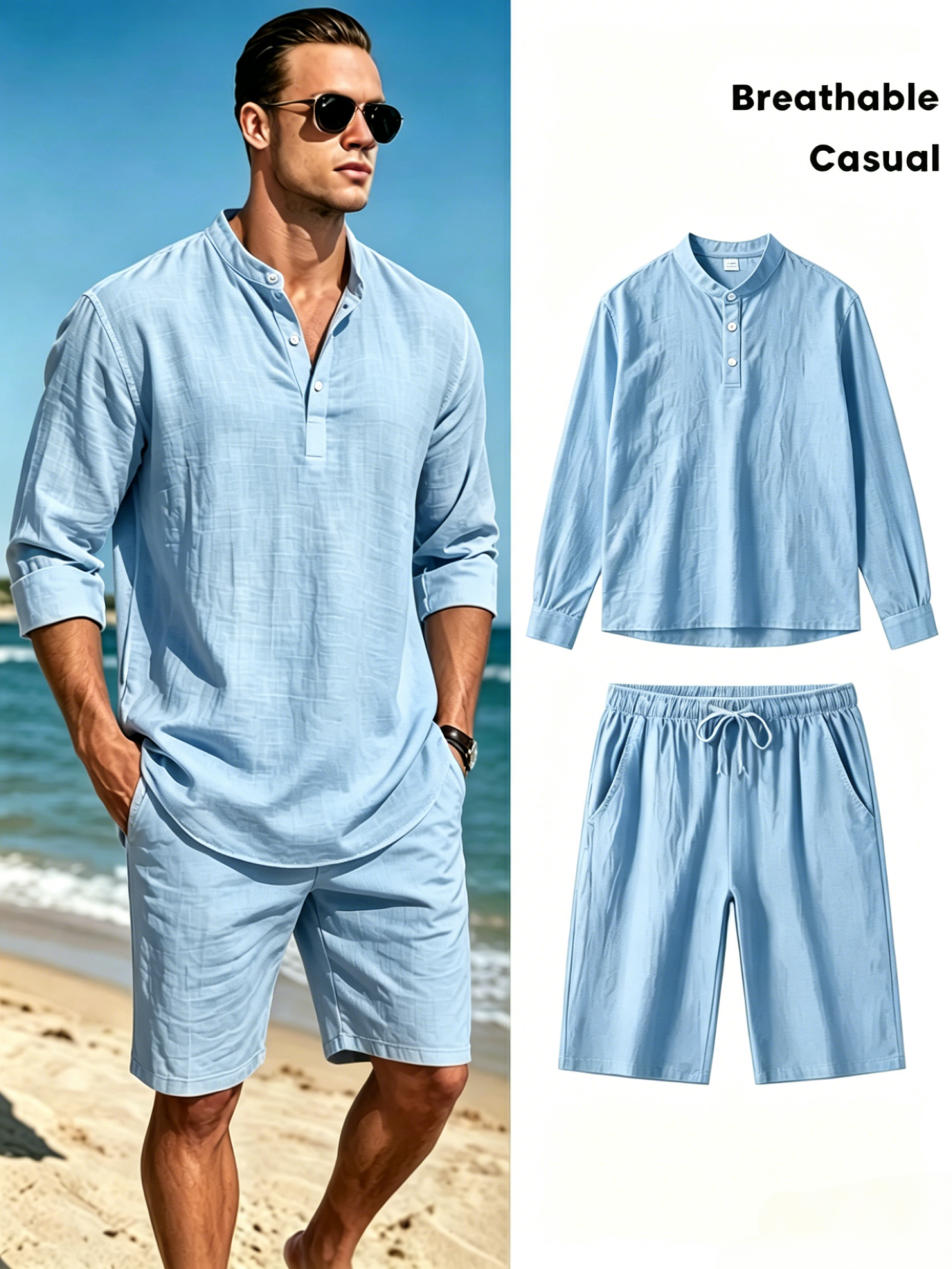 Conjunto de Camisa Henley y Pa - Linen Shirt Breathable reseña y precio